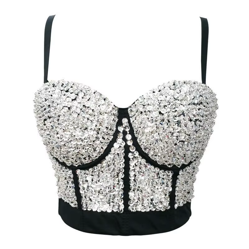 Haut court de danse latine noir 2026 pour femme – Gilet sexy à sequins sans manches, corset pour la 