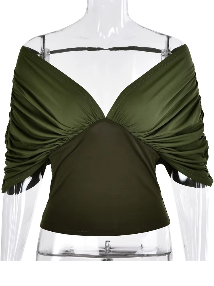 T-shirt femme JULISSA MO sexy à col en V profond et épaules dénudées, vert, manches courtes, dos nu,