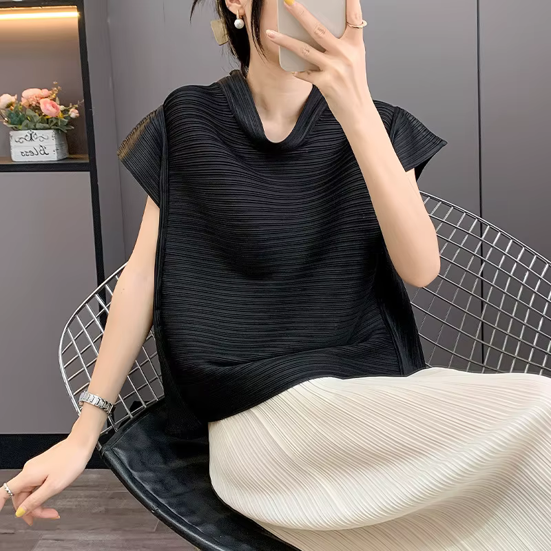 LANMREM 2025 été nouveau T-shirt plissé pour femmes épaules dénudées revers manches courtes élastiqu