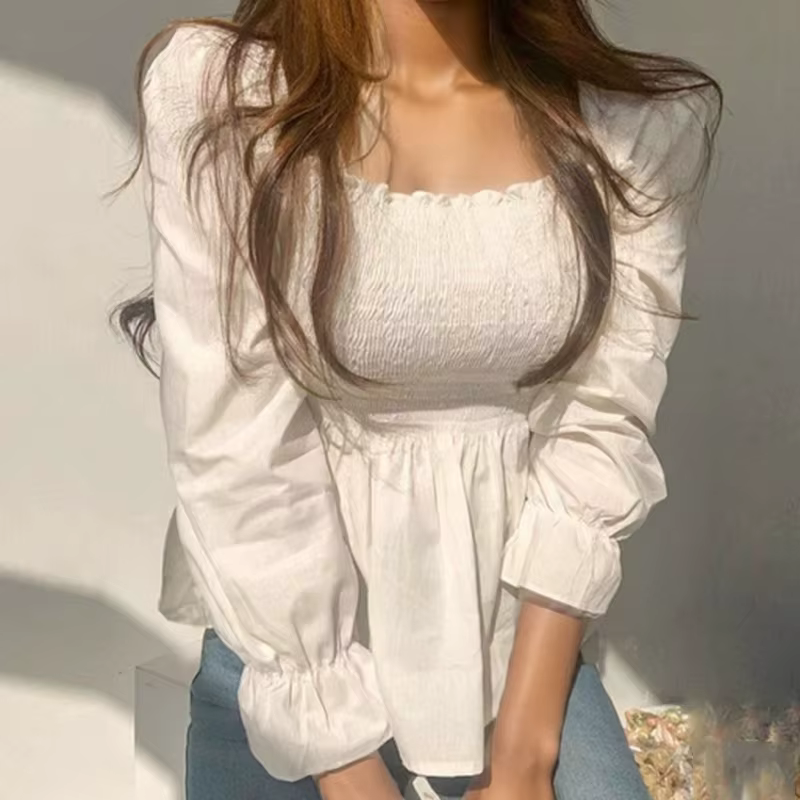 Élégant à manches longues plissé blanc femmes Blouse bureau dame mode doux col carré chemise nouveau