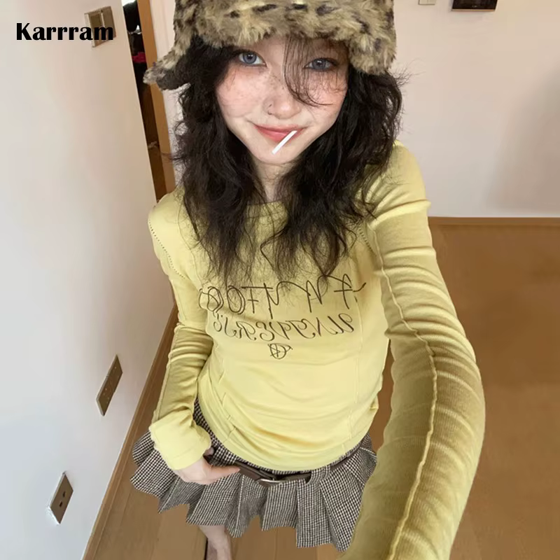 Karr233 Y2K-T-shirt à Manches sulfJaune pour Fille Streetwear, Esthétique Japonaise des Années 2000,