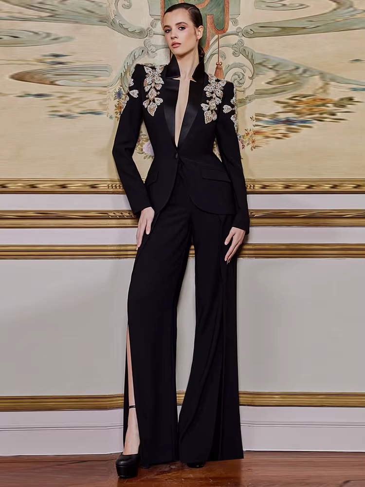 Ensemble 2 pièces de costume de créateur pour femme, collection 2026, style urbain, avec blazer à co