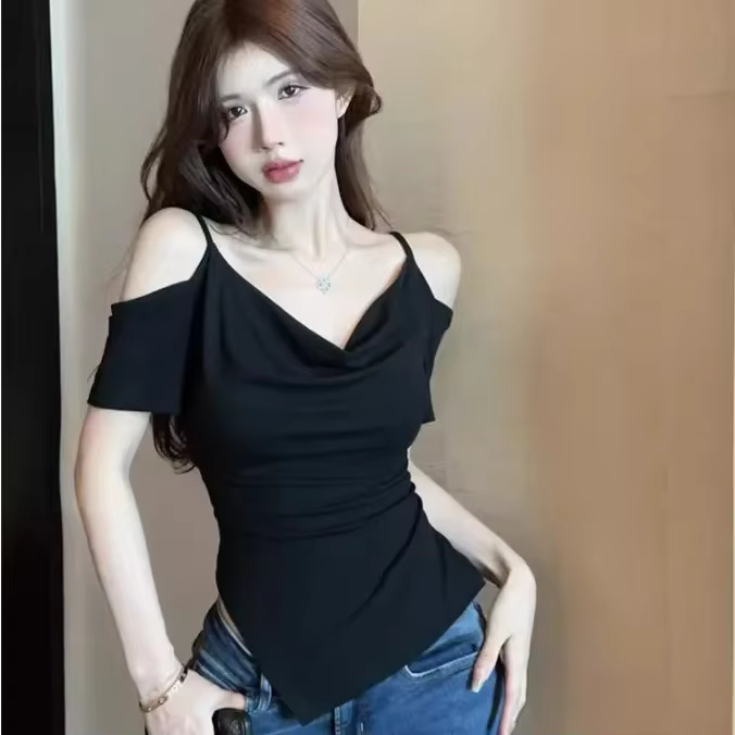 T-shirt à manches courtes pour femmes, noir, amincissant, asymétrique, Style Simple, Design d'été, S