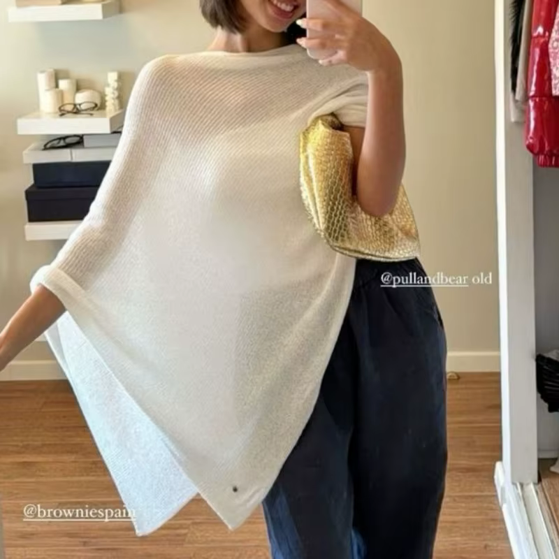 Haut Poncho transparent pour femme, châle léger en tricot, épaules dénudées, chemisier en maille, ca
