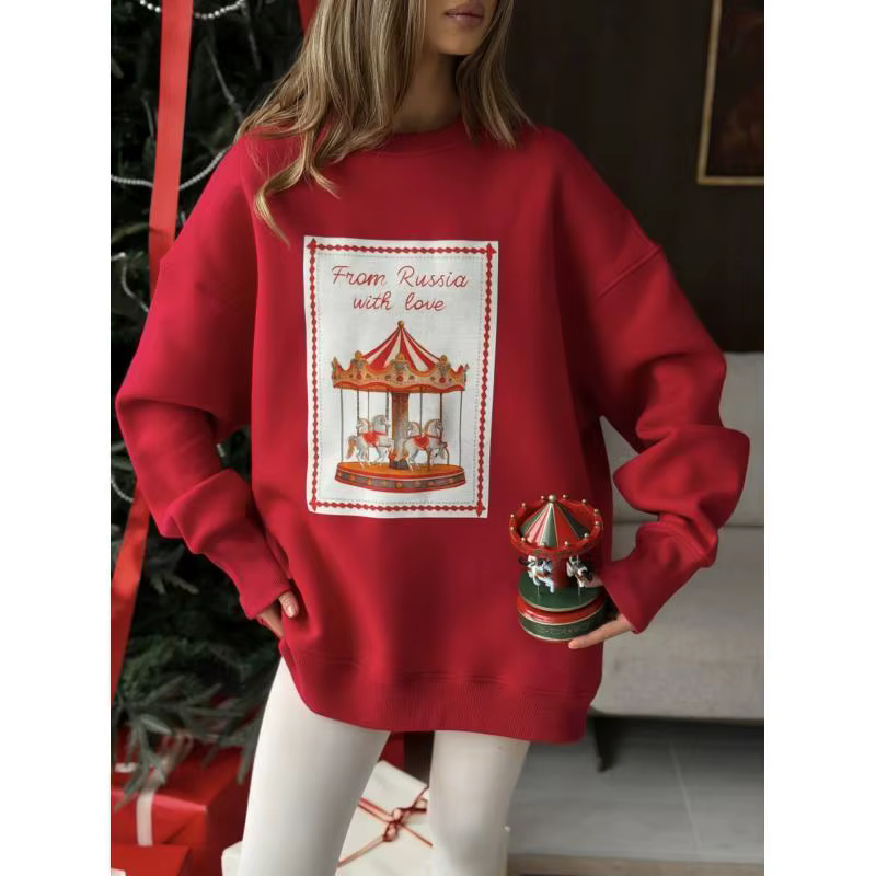 Sweat-shirt à col rond rouge surdimensionné pour femmes, imprimé carrousel rétro, fête de Noël, pull