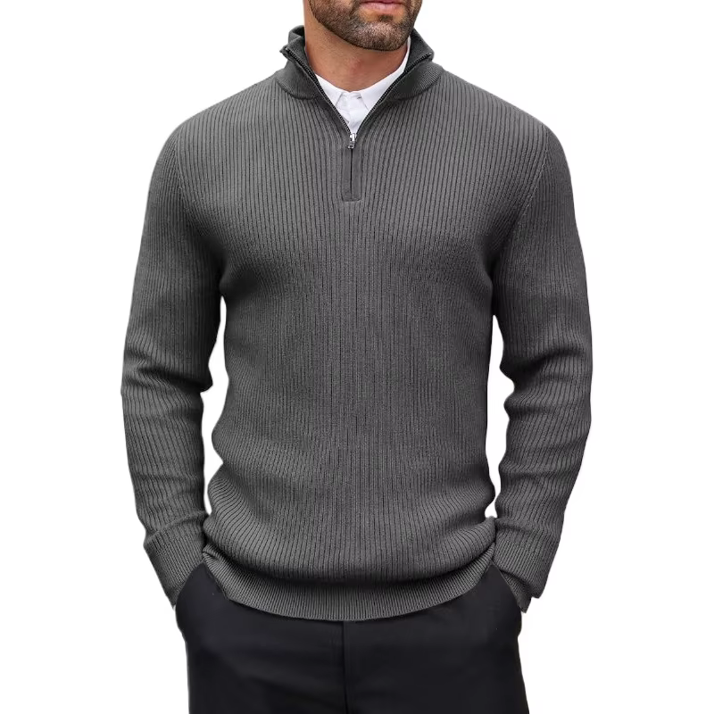 Pull à fermeture éclair pour hommes, col montant, décontracté, en tricot côtelé, léger, Polo, vêteme