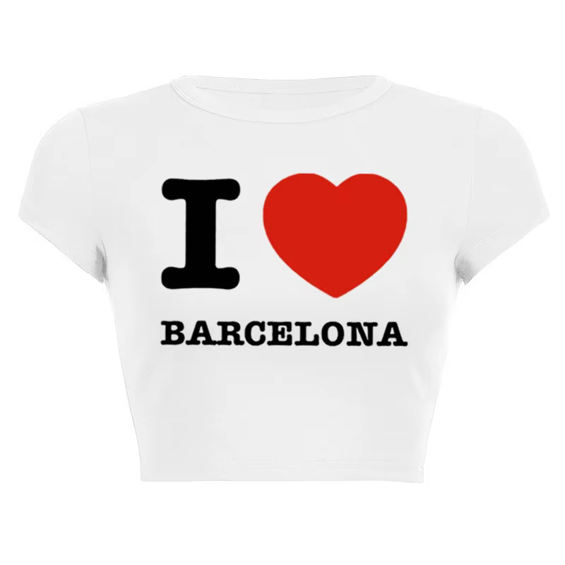 J'aime Barcelone femmes T-Shirt été Harajuku haut court Sexy vêtements de fête col rond recadrée nom