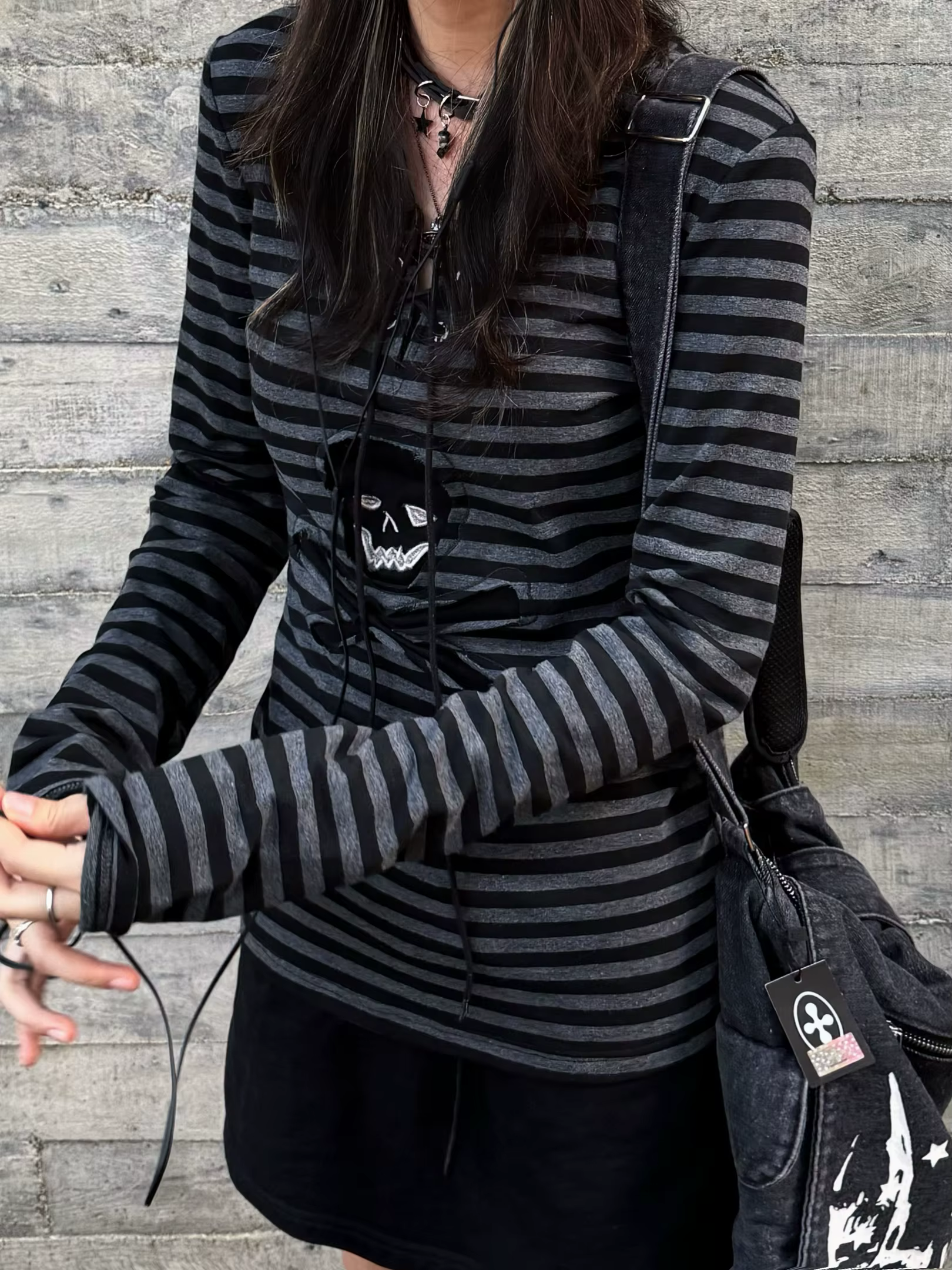 Tonngirls gothique rétro T-shirt femmes à lacets rayé chemise décontractée Y2k Vintage imprimé graph