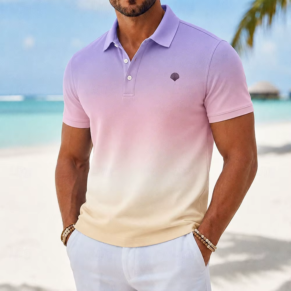 Polo pour homme à imprimé coquillage dégradé violet, rose et beige, hauts décontractés pour le print