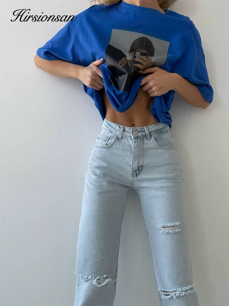 Hirsionsan – t-shirt imprimé Harajuku pour femme, haut décontracté, ample, à manches courtes, surdim
