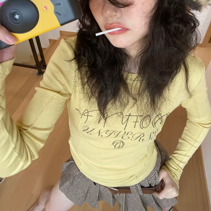 Karr233 Y2K-T-shirt à Manches sulfJaune pour Fille Streetwear, Esthétique Japonaise des Années 2000,