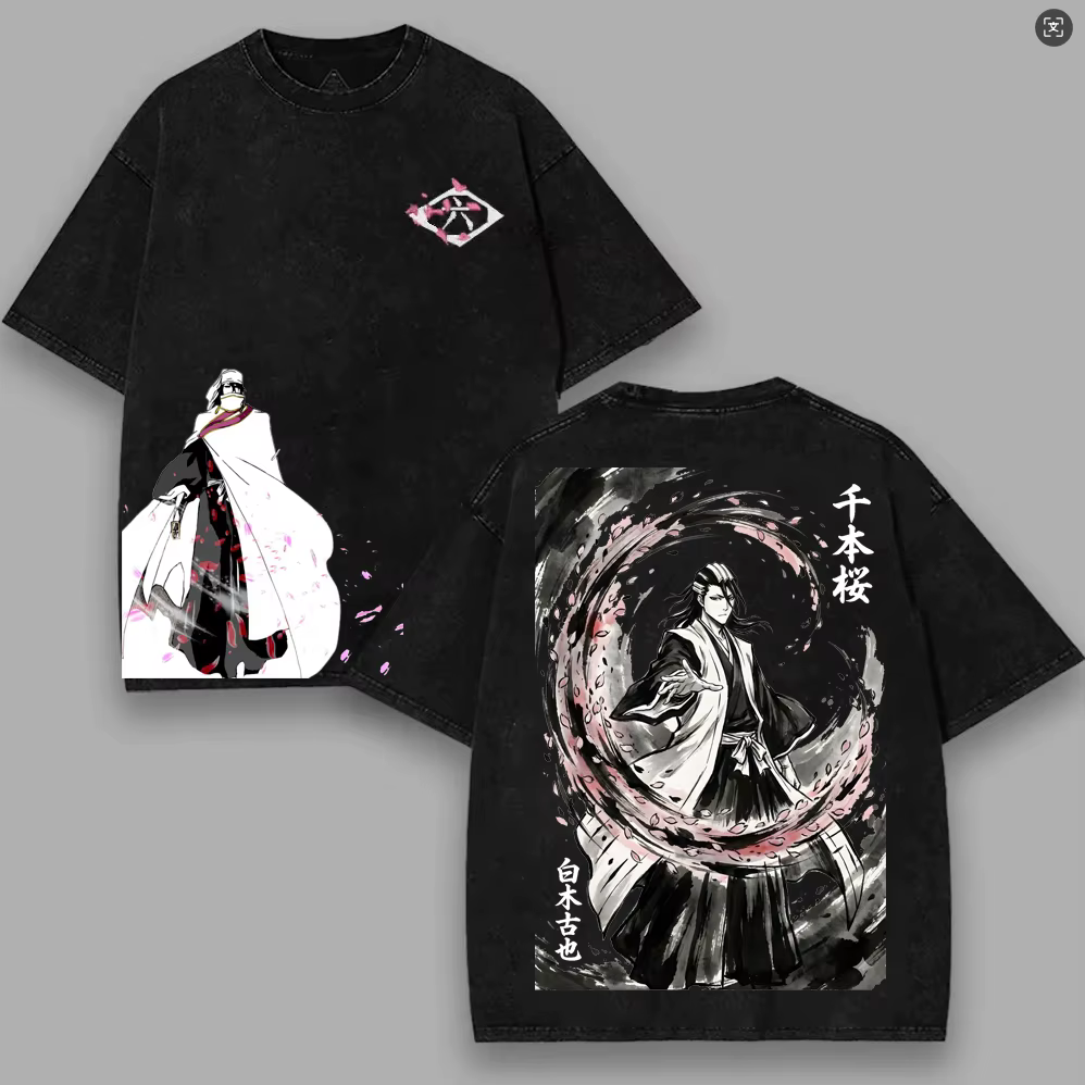 T-shirt vintage surdimensionné Anime BLEACH Kuchiki Byakuya, t-shirt délavé, manches courtes, été, 1