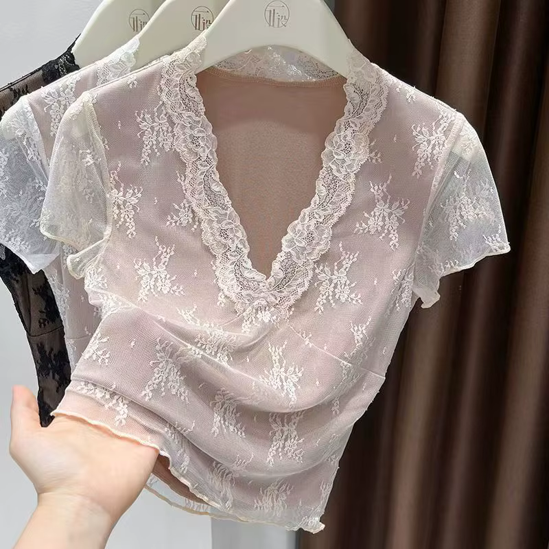 T-Shirt femme Y2k Sexy maille florale T-Shirts hauts été à manches courtes col rond couleur unie Vin