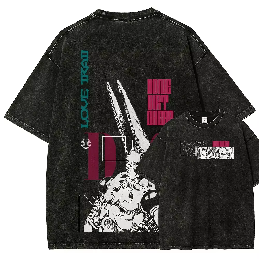 T-shirt imprimé JoJo's Bizarre Adventure D4C pour hommes et femmes, en coton lavé, style manga rétro