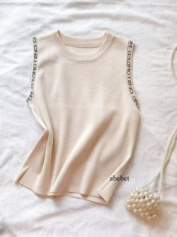 Débardeur Chic en tricot blanc pour femmes, gilet Chic sans manches, décolleté côtelé, lettre, tenue