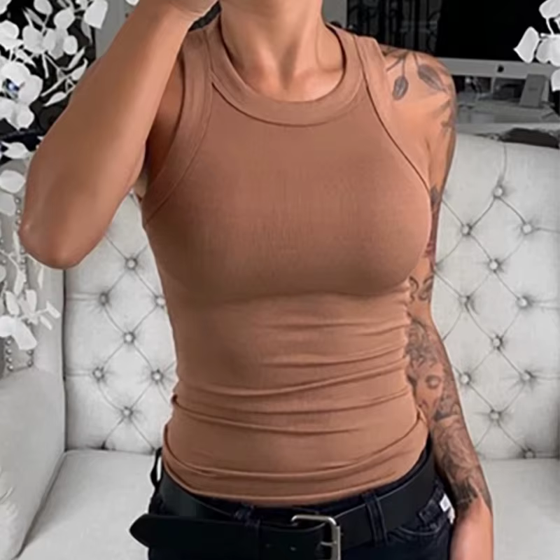 Femmes solide col rond côtelé débardeur Camisole femmes été basique élastique débardeur col rond sol