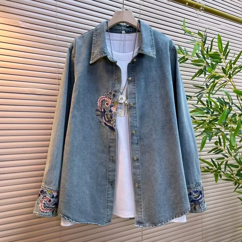 Chemise en jean femme 2025 nouveau printemps été broderie ample à manches longues dames hauts Style 