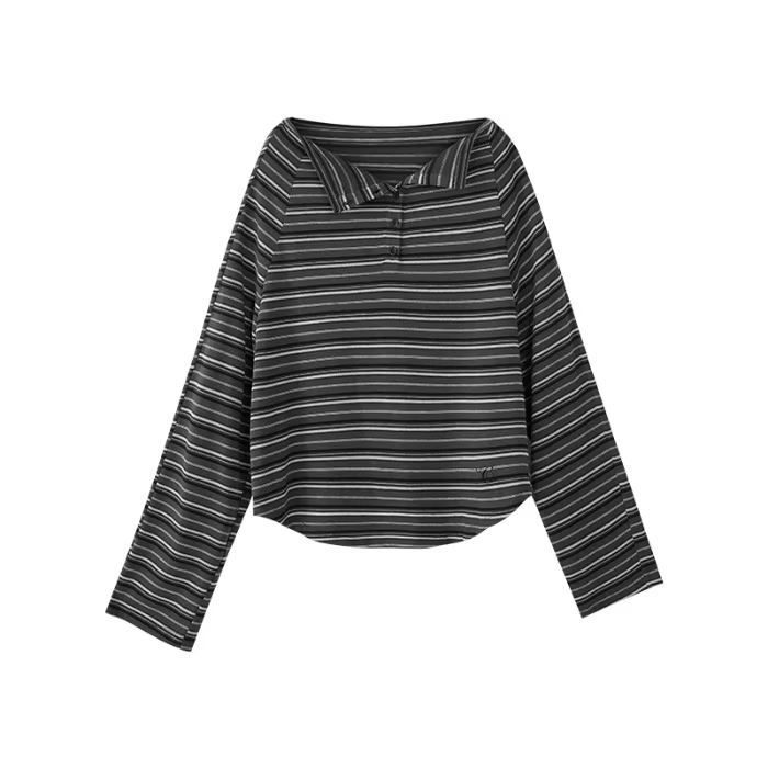 T-shirt ample à rayures en polyester, nouvelle collection automne, à épaules dénudées, manches longu