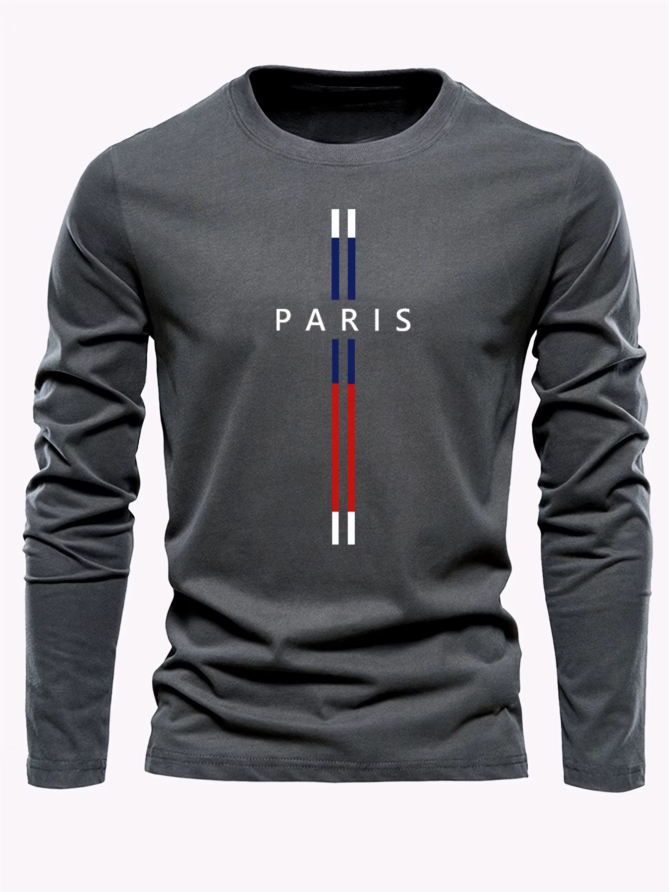 T-shirt à manches longues pour homme, col rond, imprimé graphique Paris Letter, 100% coton pur, ampl