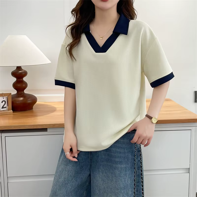T-shirt décontracté à col polo et blocs de couleur pour femme grande taille, manches courtes, été 20