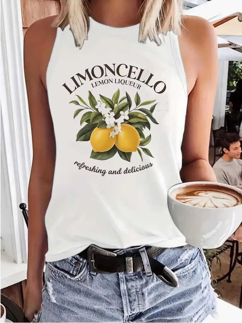 Débardeur Limoncello citron T-shirt imprimé gilet imprimé femme sans manches col rond haut décontrac
