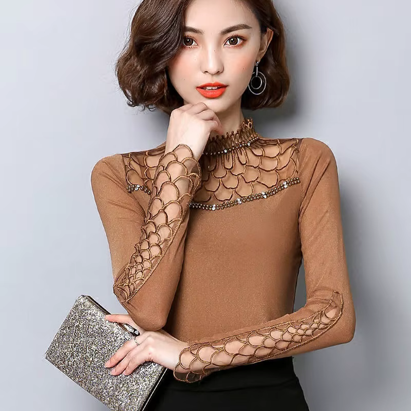 Chemise à manches longues pour femmes, chemisier tendance, chemisier à découpes en dentelle, haut él