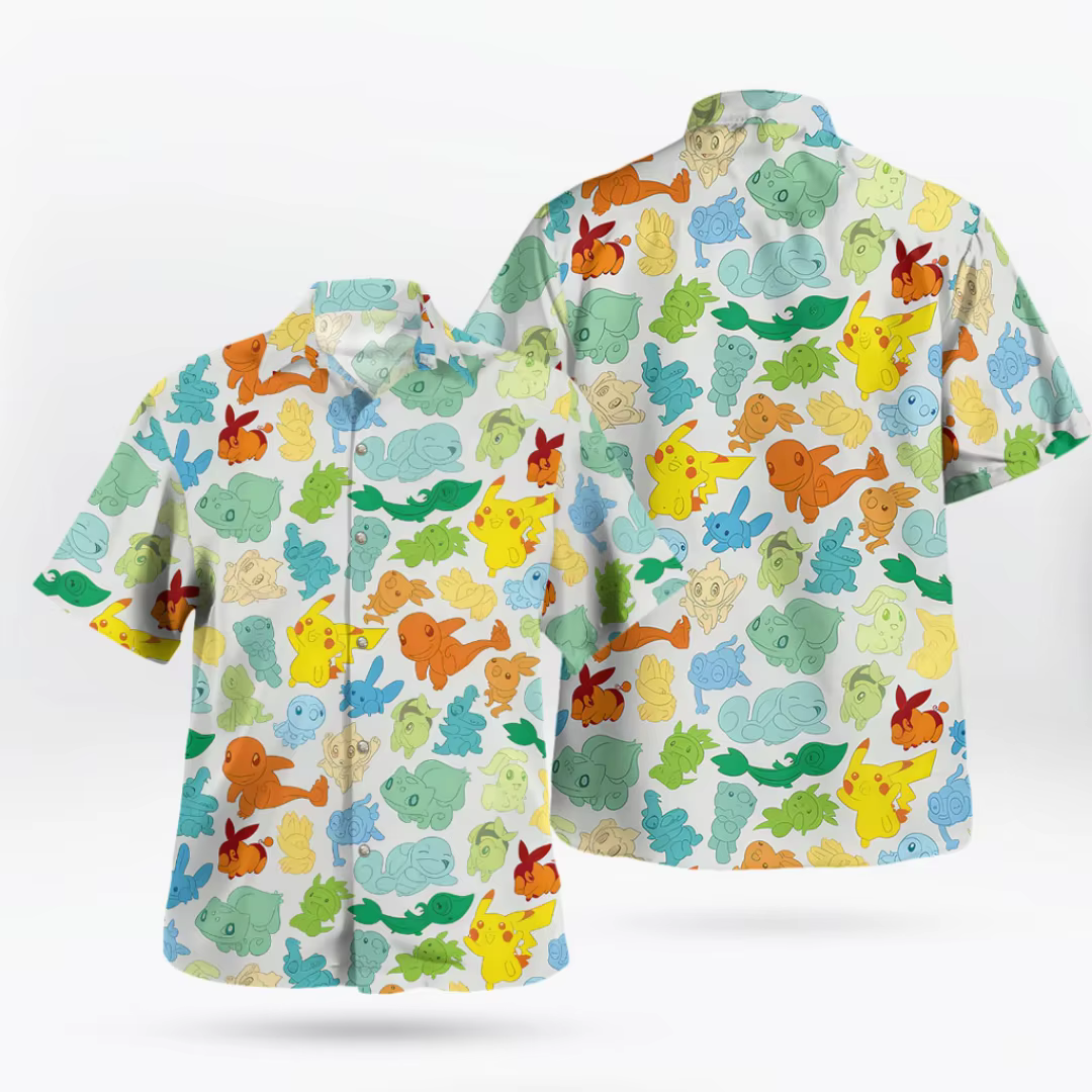 Chemise hawaïenne à imprimé coloré Pokémon Starter Characters, T-Shirt d'été pour hommes et femmes,