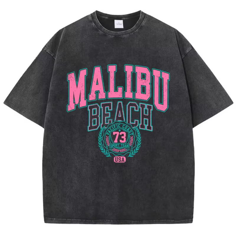 Malibu plage lavé T-Shirt femmes lettre impression coton T-Shirt confortable col rond hauts décontra