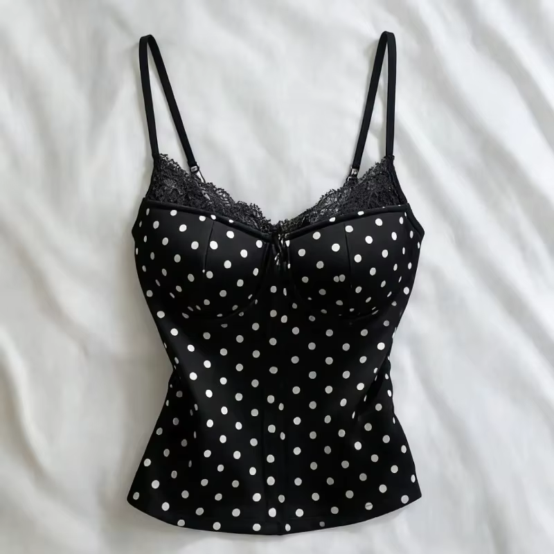 Kimutomo – débardeur court pour femmes, imprimé à pois, en dentelle, patchwork, Slim, mode printemps
