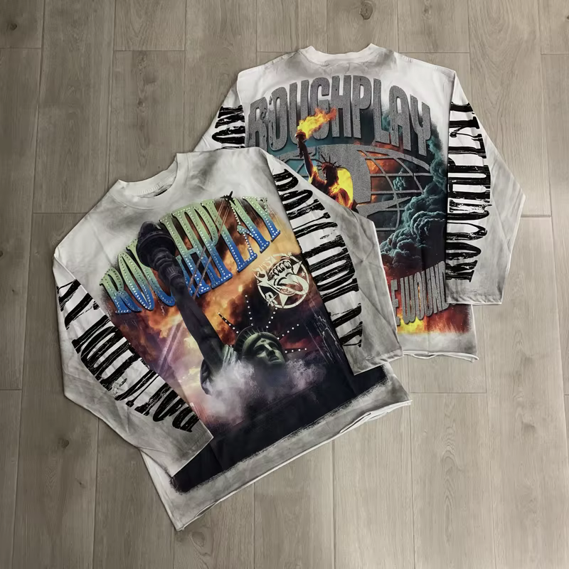 T-shirt imprimé délavé style rétro américain à manches longues, coupe ample, tendance hip-hop, décon