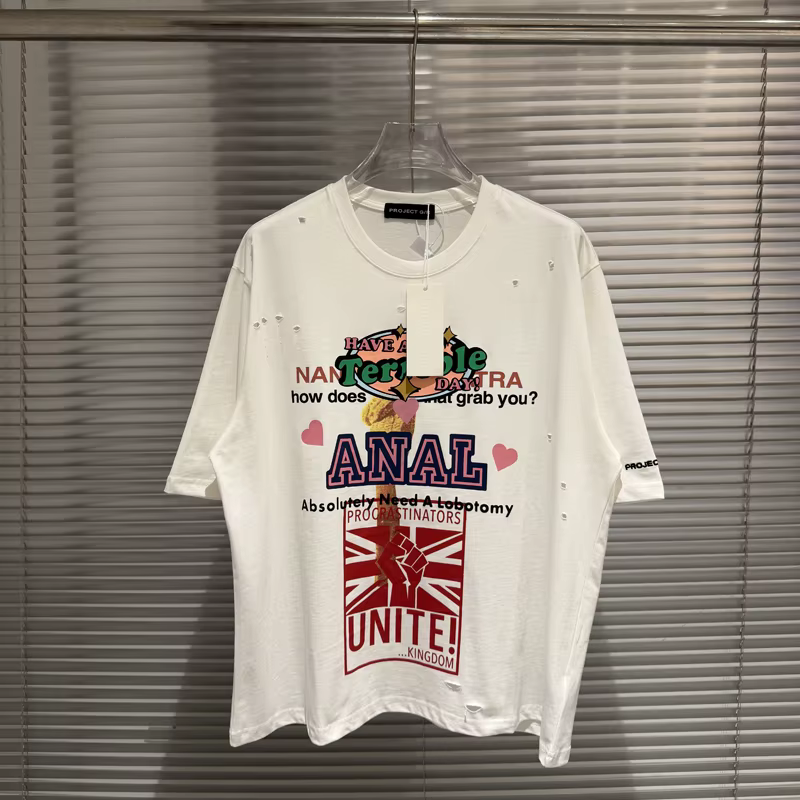 T-shirt Unisexe Imprimé Drapeau 'PROJECT Hole Damaged Fist' Vintage Délavé Coupe Ample Manches Court