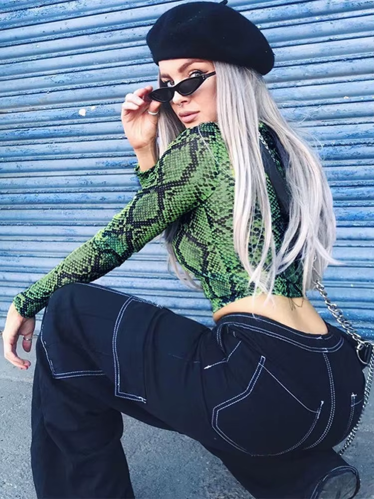 Décontracté vert serpent imprimé T-shirt femmes haut en maille à manches longues Transparent peau de