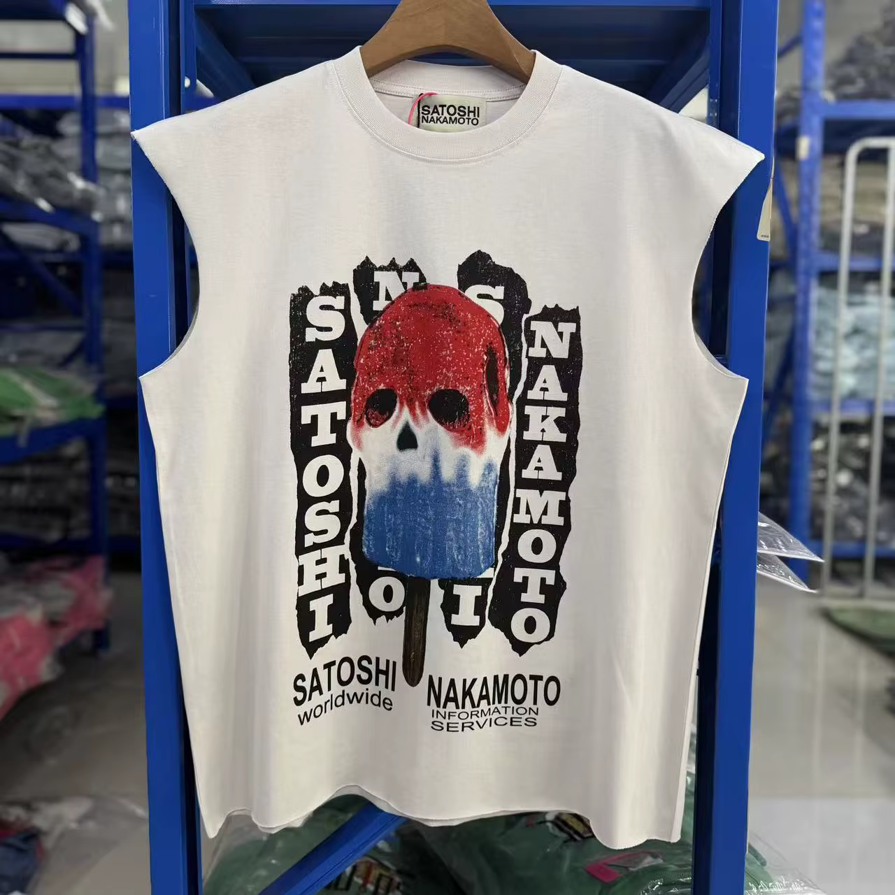 T-shirt Satoshi Nakamoto 26SS, blanc délavé, imprimé lettres, vintage, déchiré, manches courtes, pou
