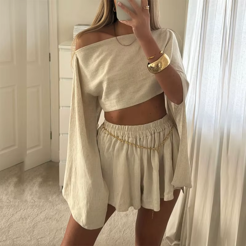 Printemps été coton lin femmes ensemble Vintage col incliné haut à manches longues + short costume d