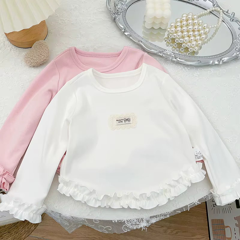 T-shirt à manches longues pour filles, style princesse, en dentelle, couleur unie, col rond, haut po
