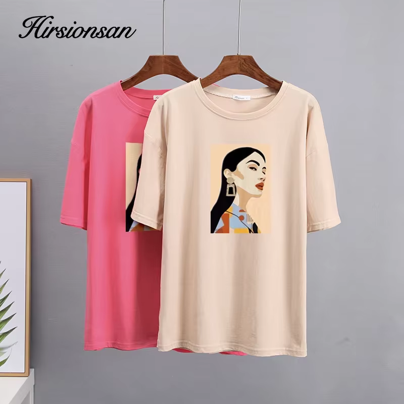 Hirsionsan – t-shirt en coton imprimé pour femme, haut Chic, ample, décontracté, esthétique, surdime