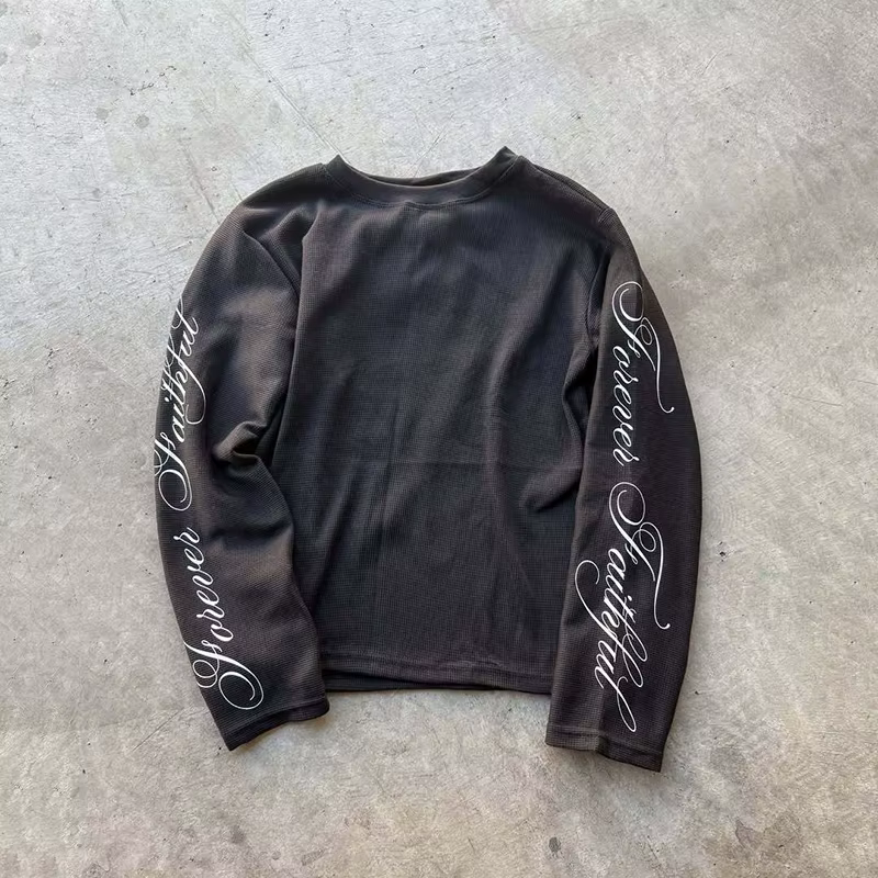 T-shirt à manches longues rétro américain Y2K, col rond décontracté, léger et respirant, imprimé let
