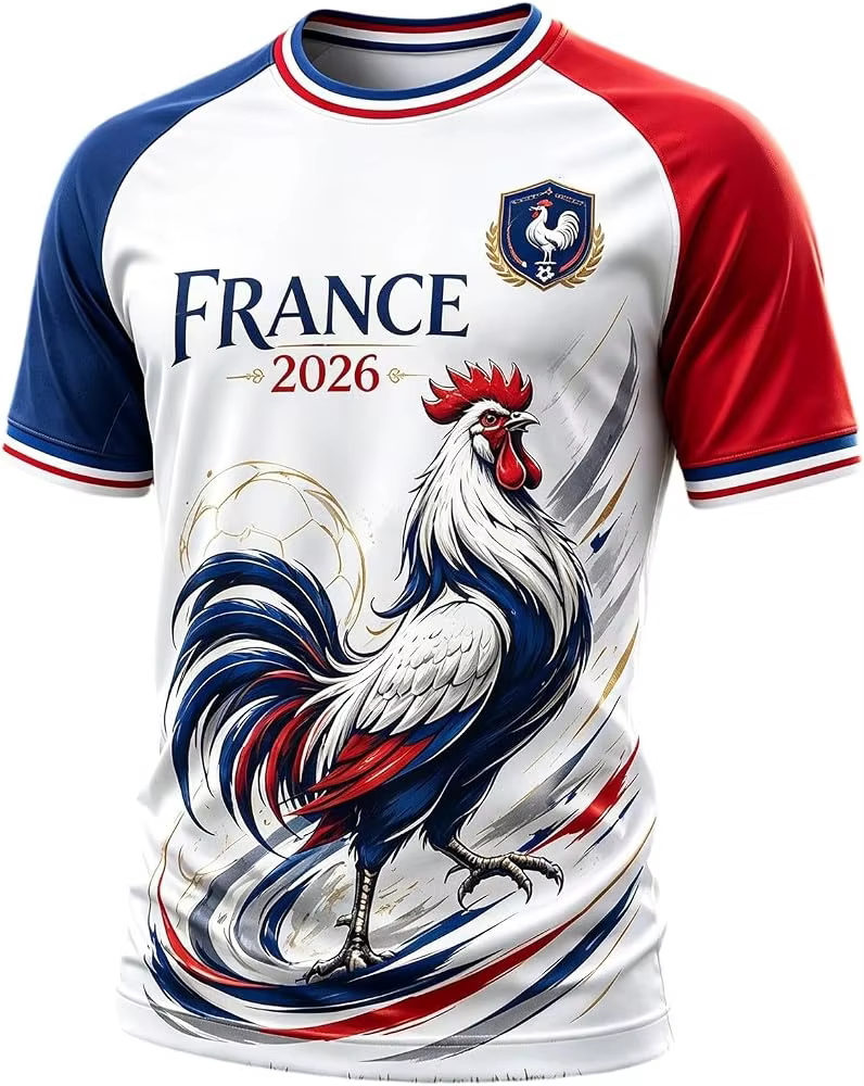 T-shirt de football Deep Blue French 2026 avec imprimé emblème Coq Gaulois, bleu, blanc, bordure rou