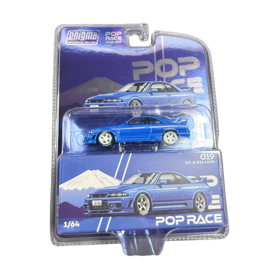 Modèle de voiture ouverte PopRace 1:64 GTR R33 NISMO 400R Champion Blue Alloy