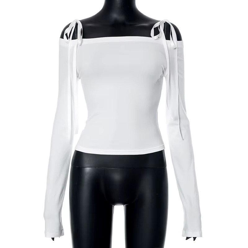 T-shirts à manches longues pour femmes, Sexy, épaules dénudées, avec nœud, Slim, mode Y2K, couleur u