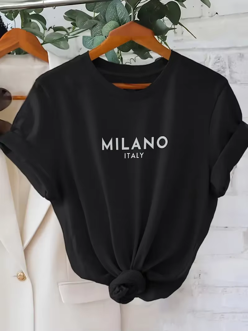 T-shirt à manches courtes et col rond pour femme, haut décontracté, imprimé lettre Milano, vêtements