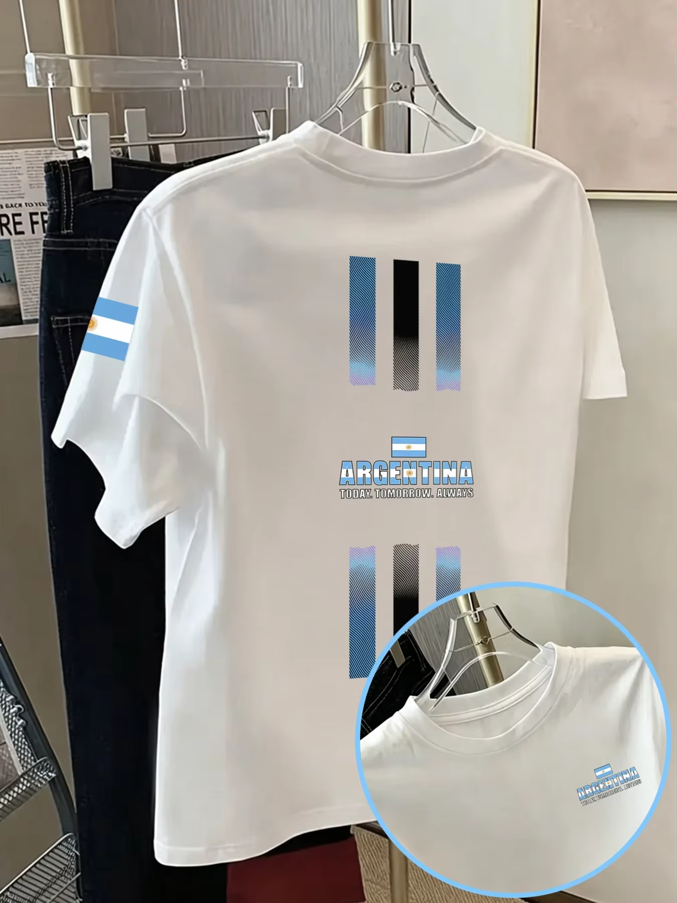 T-shirt de supporter pour homme, coupe ample, 100 % coton, motif drapeau et rayures dégradées Argent