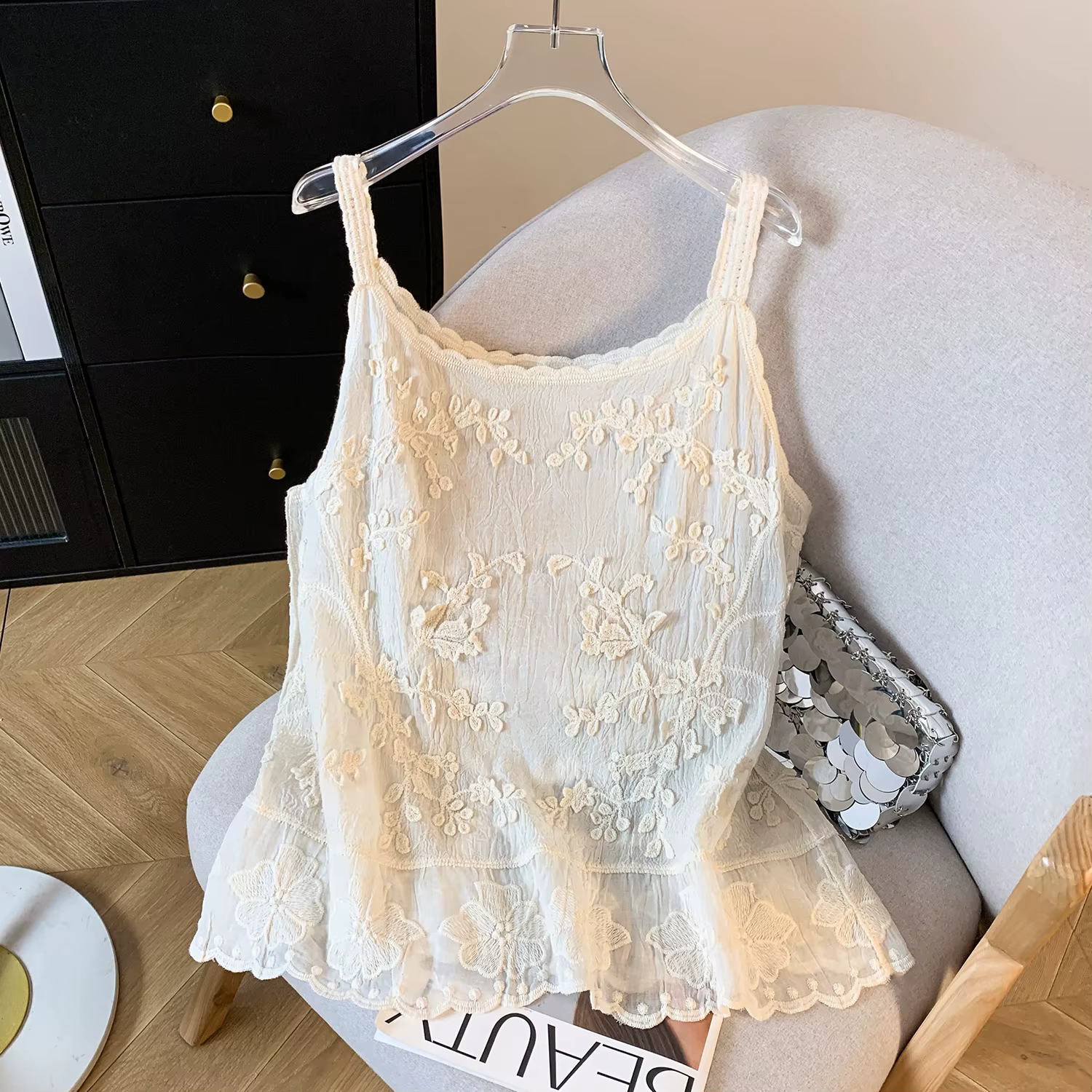 Débardeur en coton et lin pour femmes, fin, Crochet, Beige, blanc, sans manches, hauts d'été, broder