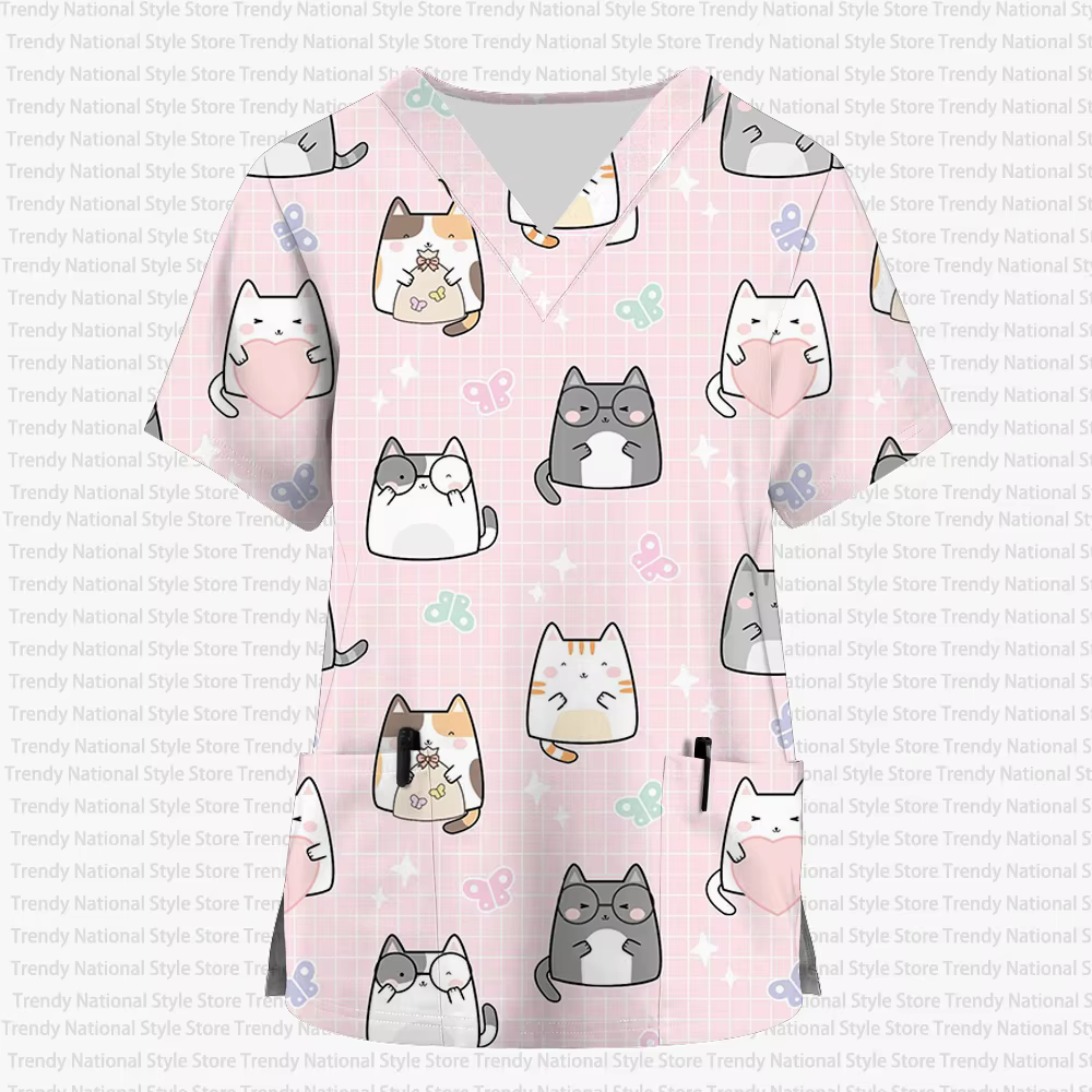 Haut à manches courtes pour femmes, col en V, imprimé animalier de dessin animé, uniforme de travail