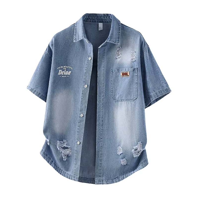 Chemise en jean pour homme, mode estivale, respirante, mélange de coton, manches courtes, tendance s