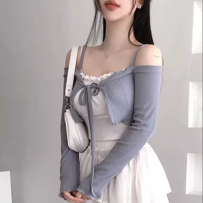 Mode rose Sexy femmes épaules nues à lacets manteaux corée printemps été nouveau doux Cardigan court