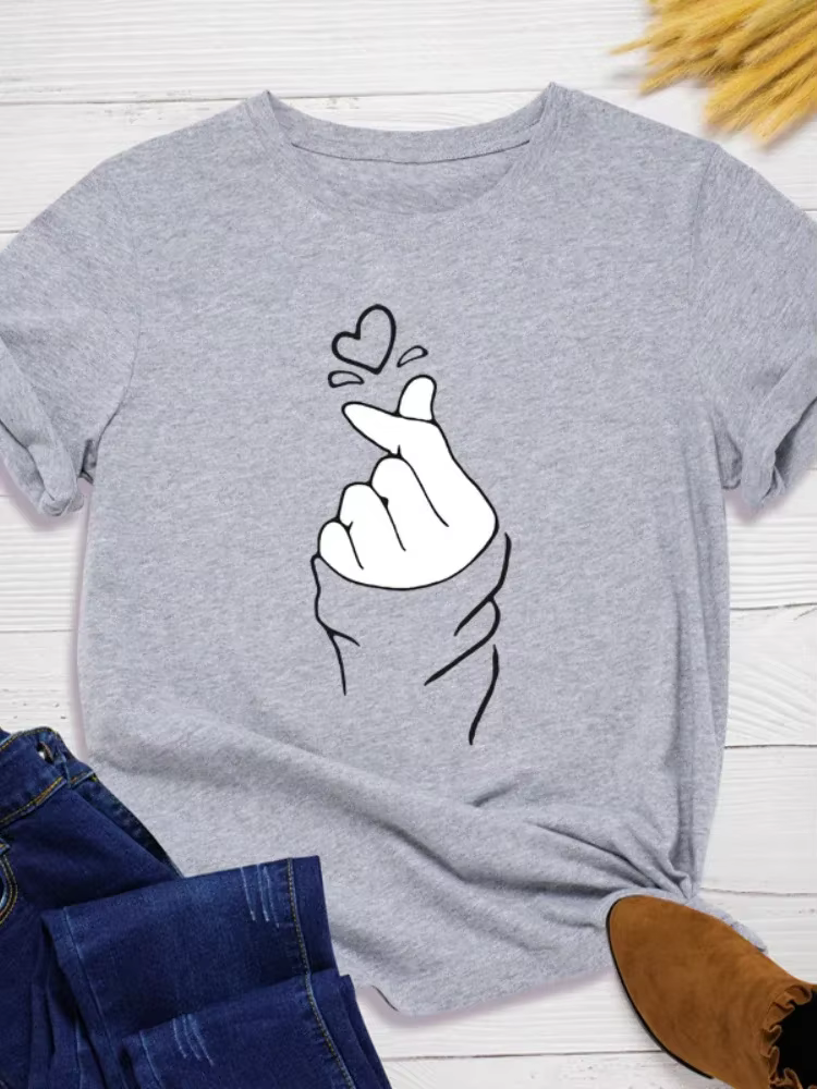 T-shirt manches courtes col rond femme, ample, à la mode, avec doigts et cœur imprimés