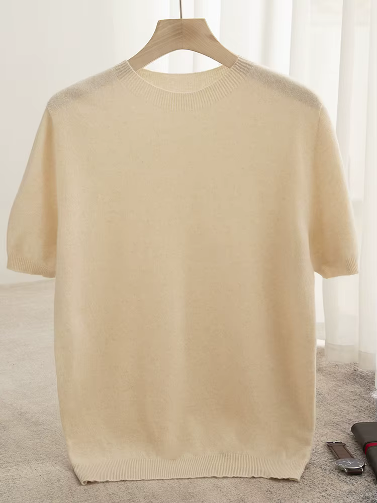 T-shirt classique pour homme, pull 100% laine mérinos, col rond, manches courtes, vêtements décontra
