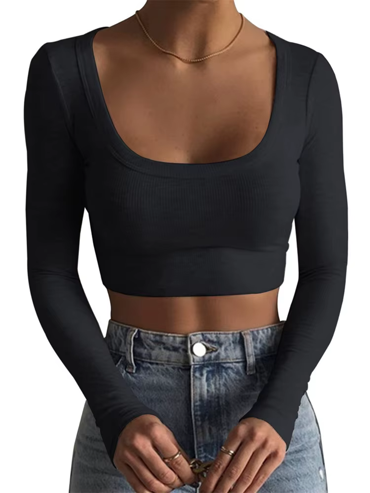 Chemise courte à manches longues pour femmes, col rond profond, couleur unie, tricot, hauts courts,