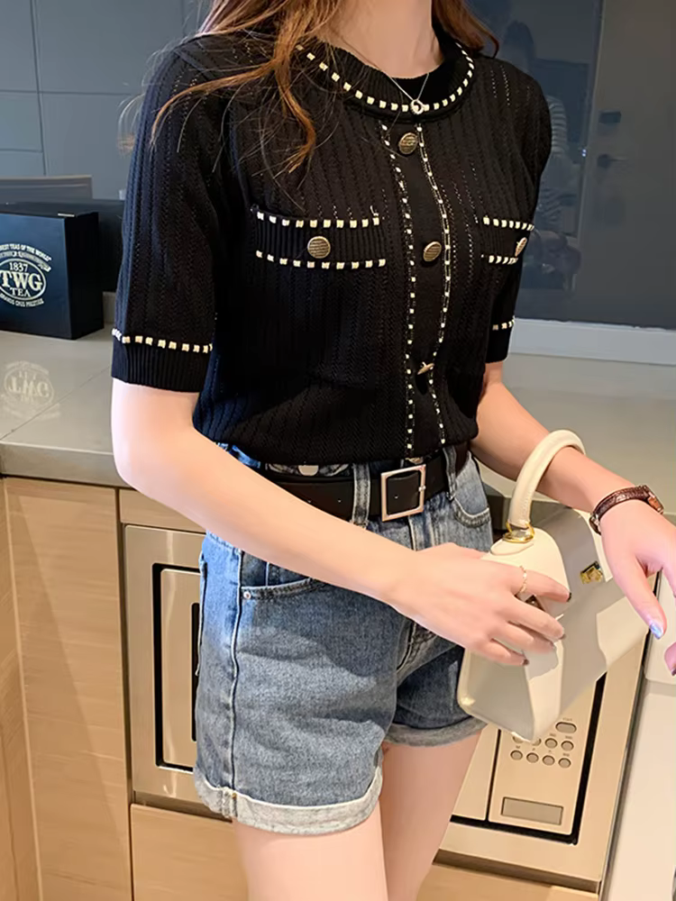 T-shirt blanc à manches courtes pour femme, vêtement basique avec poches, estival et décontracté, 20